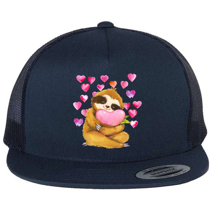 Sloth Valentine's Day Cute Sloth Hugging A Heart Flat Bill Trucker Hat