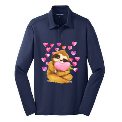 Sloth Valentine's Day Cute Sloth Hugging A Heart Silk Touch Performance Long Sleeve Polo