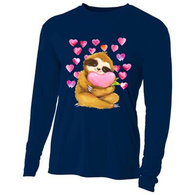Sloth Valentine's Day Cute Sloth Hugging A Heart Cooling Performance Long Sleeve Crew