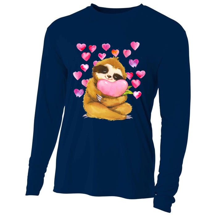 Sloth Valentine's Day Cute Sloth Hugging A Heart Cooling Performance Long Sleeve Crew