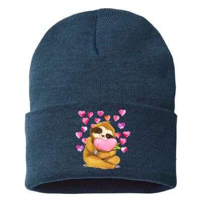 Sloth Valentine's Day Cute Sloth Hugging A Heart Sustainable Knit Beanie