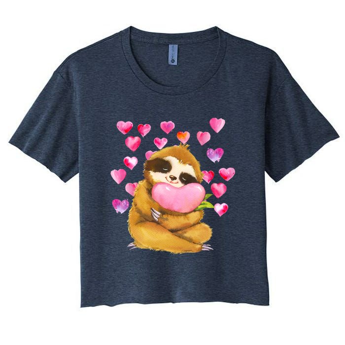 Sloth Valentine's Day Cute Sloth Hugging A Heart Women's Crop Top Tee