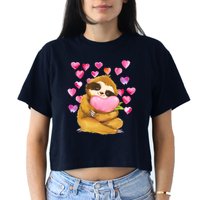 Sloth Valentine's Day Cute Sloth Hugging A Heart Crop Top