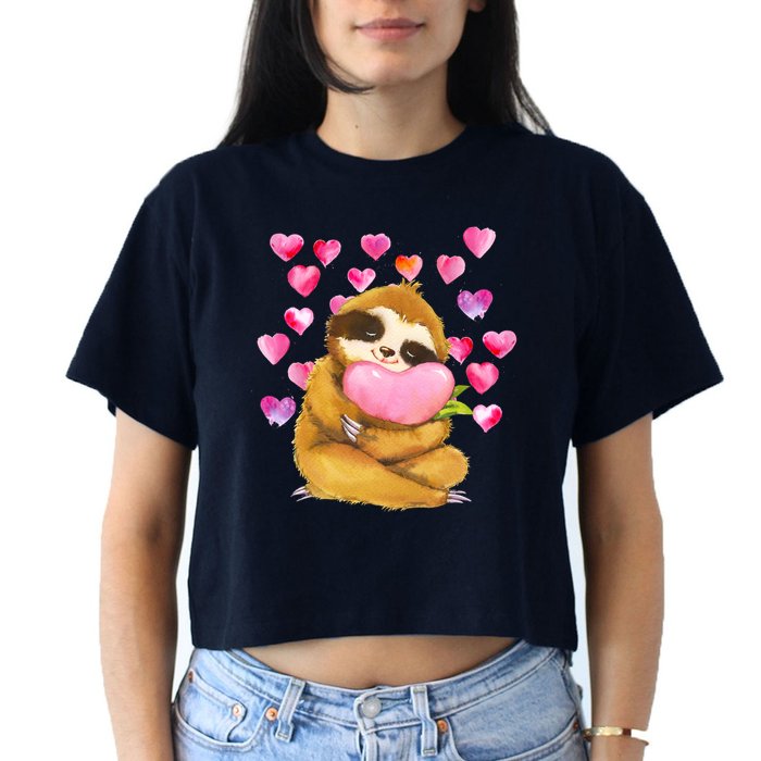 Sloth Valentine's Day Cute Sloth Hugging A Heart Crop Top