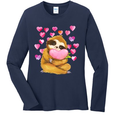 Sloth Valentine's Day Cute Sloth Hugging A Heart Ladies Long Sleeve Shirt