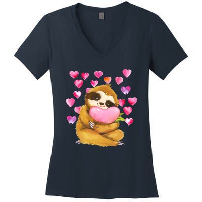 Sloth Valentine's Day Cute Sloth Hugging A Heart Women's V-Neck T-Shirt