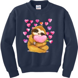 Sloth Valentine's Day Cute Sloth Hugging A Heart Kids Sweatshirt