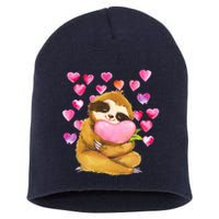 Sloth Valentine's Day Cute Sloth Hugging A Heart Short Acrylic Beanie