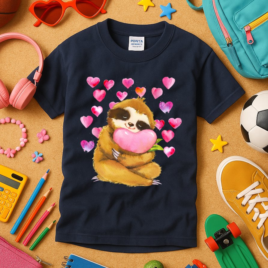 Sloth Valentine's Day Cute Sloth Hugging A Heart Kids T-Shirt
