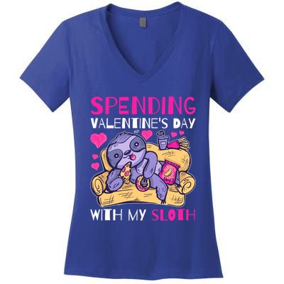 Spending Valentine's Day With My Sloth Meaningful Gift Women's V-Neck T-Shirt