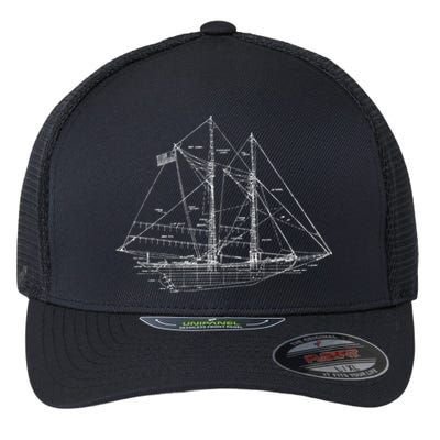 Sailboat Vintage Distressed Blueprint Sailboat Vacation Gift Flexfit Unipanel Trucker Cap