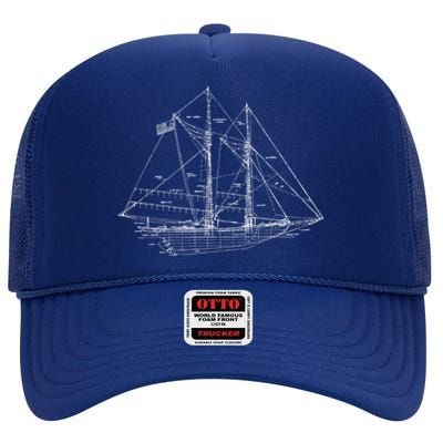 Sailboat Vintage Distressed Blueprint Sailboat Vacation Gift High Crown Mesh Back Trucker Hat