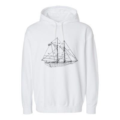 Sailboat Vintage Distressed Blueprint Sailboat Vacation Gift Garment-Dyed Fleece Hoodie