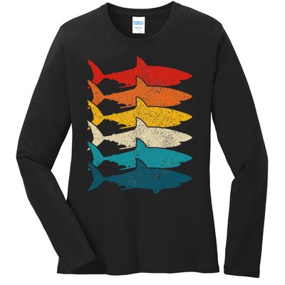 Shark Vintage Fish Fishing Great White Shark Retro Ladies Long Sleeve Shirt