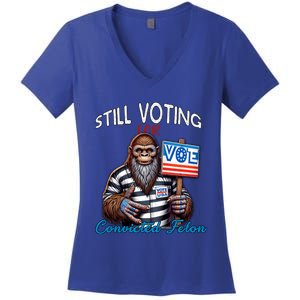 Still Voting For Convicted Felon Donald Trump Peace Bigfoot Gift Women's V-Neck T-Shirt