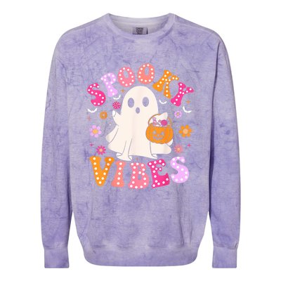 Spooky Vibes Ghost Retro Groovy Halloween Women Colorblast Crewneck Sweatshirt