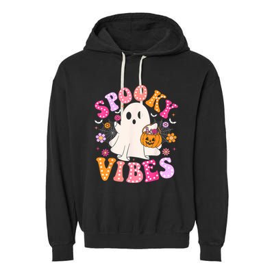 Spooky Vibes Ghost Retro Groovy Halloween Women Garment-Dyed Fleece Hoodie