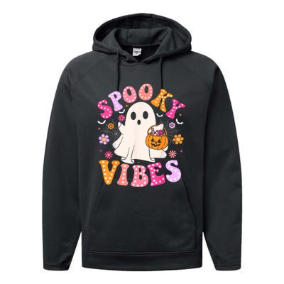 Spooky Vibes Ghost Retro Groovy Halloween Women Performance Fleece Hoodie