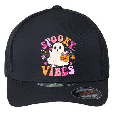 Spooky Vibes Ghost Retro Groovy Halloween Women Flexfit Unipanel Trucker Cap