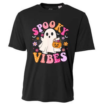 Spooky Vibes Ghost Retro Groovy Halloween Women Cooling Performance Crew T-Shirt