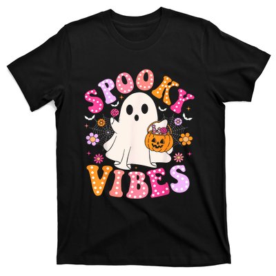 Spooky Vibes Ghost Retro Groovy Halloween Women T-Shirt