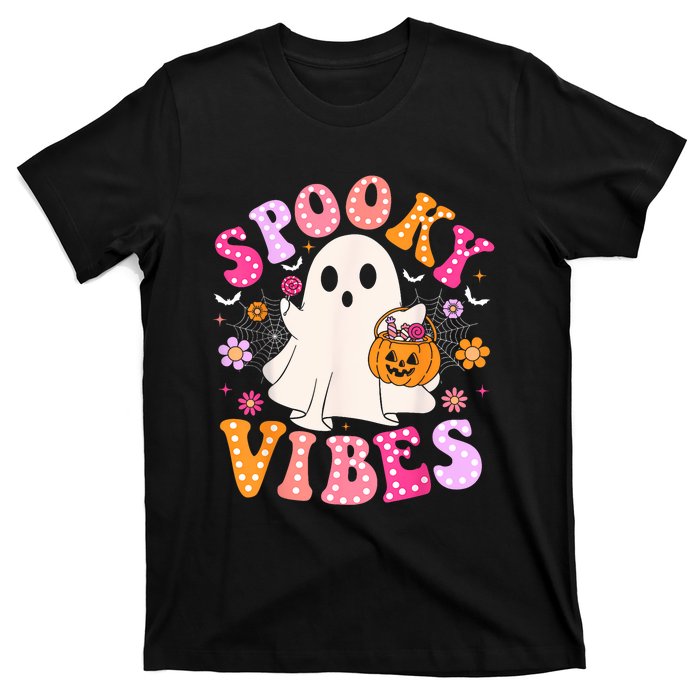 Spooky Vibes Ghost Retro Groovy Halloween Women T-Shirt