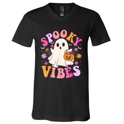 Spooky Vibes Ghost Retro Groovy Halloween Women V-Neck T-Shirt