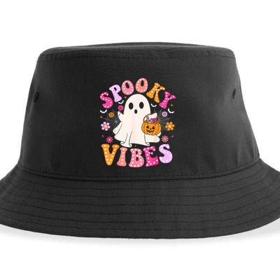 Spooky Vibes Ghost Retro Groovy Halloween Women Sustainable Bucket Hat