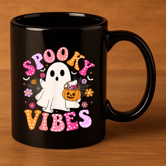 Spooky Vibes Ghost Retro Groovy Halloween Women 11oz C Handle Ceramic Mug