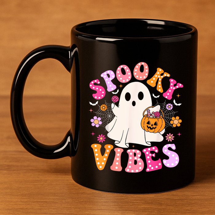 Spooky Vibes Ghost Retro Groovy Halloween Women 11oz C Handle Ceramic Mug