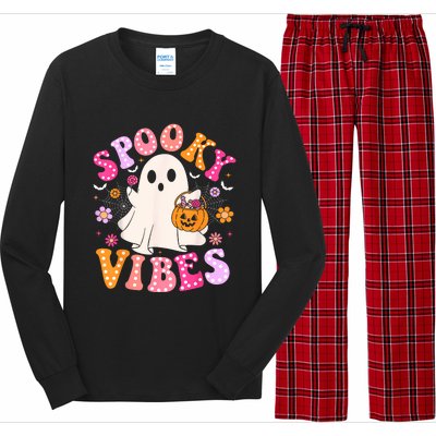 Spooky Vibes Ghost Retro Groovy Halloween Women Long Sleeve Pajama Set