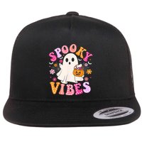 Spooky Vibes Ghost Retro Groovy Halloween Women Flat Bill Trucker Hat