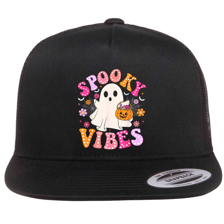 Spooky Vibes Ghost Retro Groovy Halloween Women Flat Bill Trucker Hat