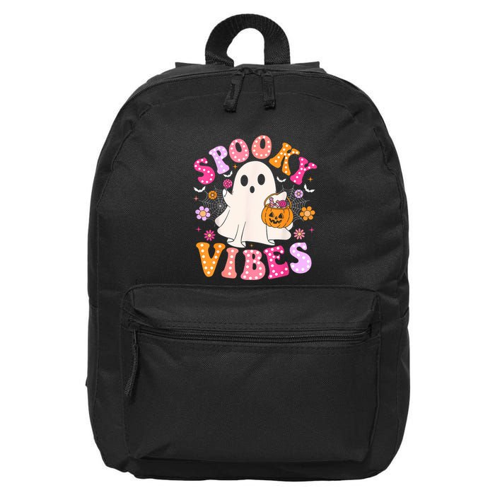Spooky Vibes Ghost Retro Groovy Halloween Women 16 in Basic Backpack