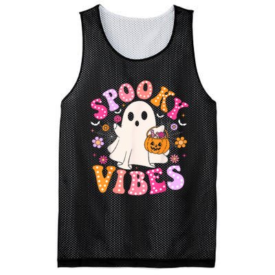 Spooky Vibes Ghost Retro Groovy Halloween Women Mesh Reversible Basketball Jersey Tank