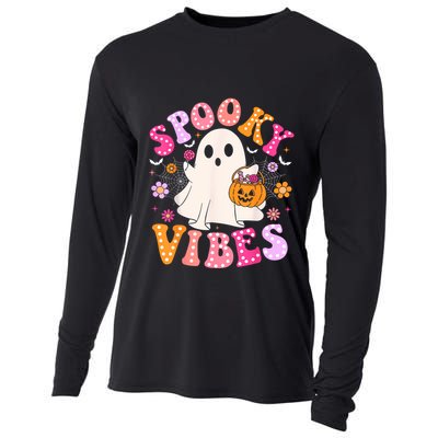 Spooky Vibes Ghost Retro Groovy Halloween Women Cooling Performance Long Sleeve Crew