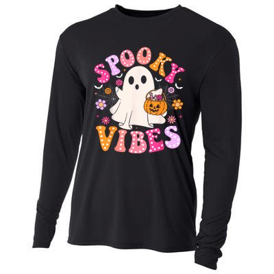 Spooky Vibes Ghost Retro Groovy Halloween Women Cooling Performance Long Sleeve Crew