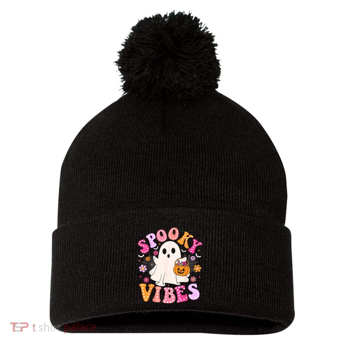 Spooky Vibes Ghost Retro Groovy Halloween Women Pom Pom 12in Knit Beanie