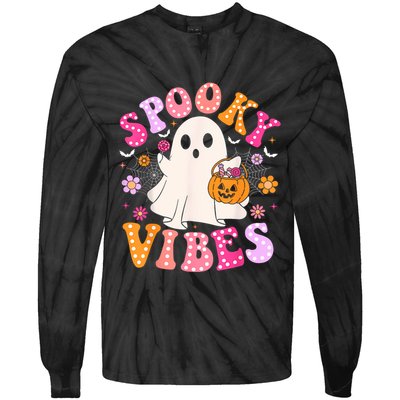 Spooky Vibes Ghost Retro Groovy Halloween Women Tie-Dye Long Sleeve Shirt