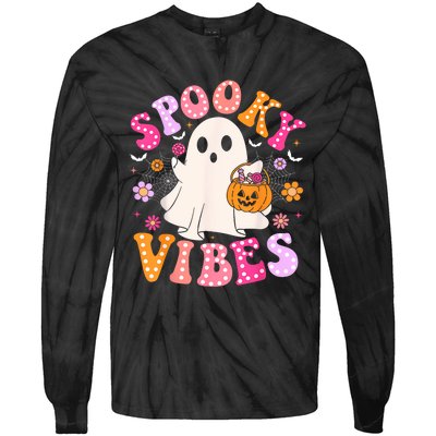 Spooky Vibes Ghost Retro Groovy Halloween Women Tie-Dye Long Sleeve Shirt