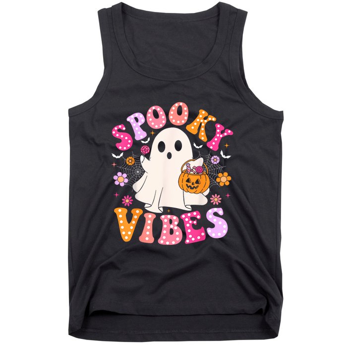 Spooky Vibes Ghost Retro Groovy Halloween Women Tank Top