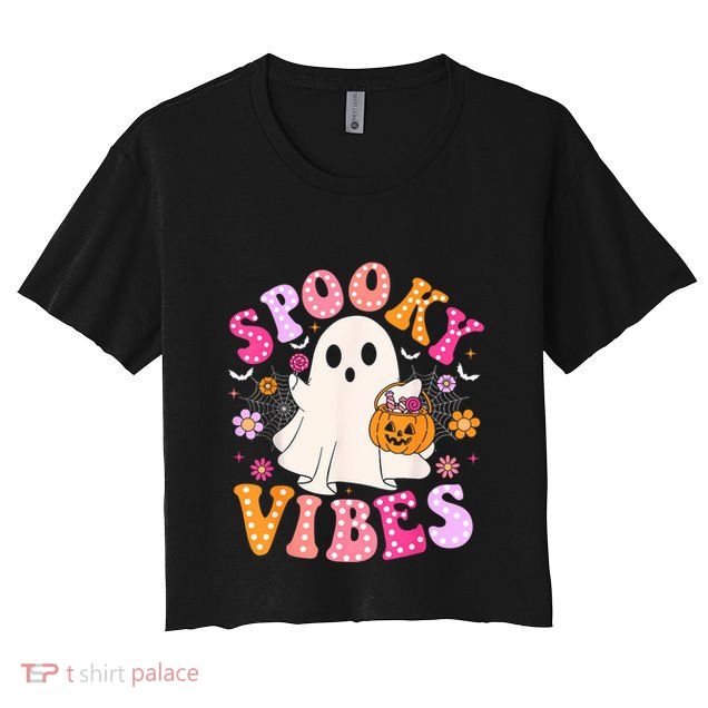 Spooky Vibes Ghost Retro Groovy Halloween Women Crop Top