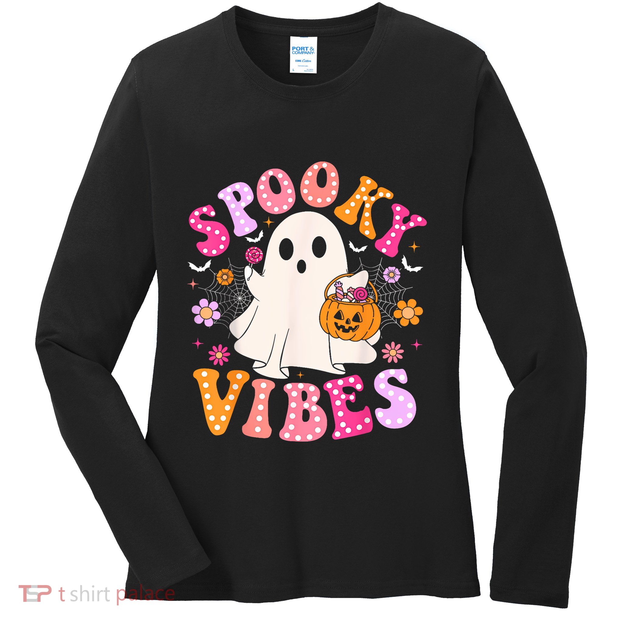 Spooky Vibes Ghost Retro Groovy Halloween Women Ladies Long Sleeve Shirt