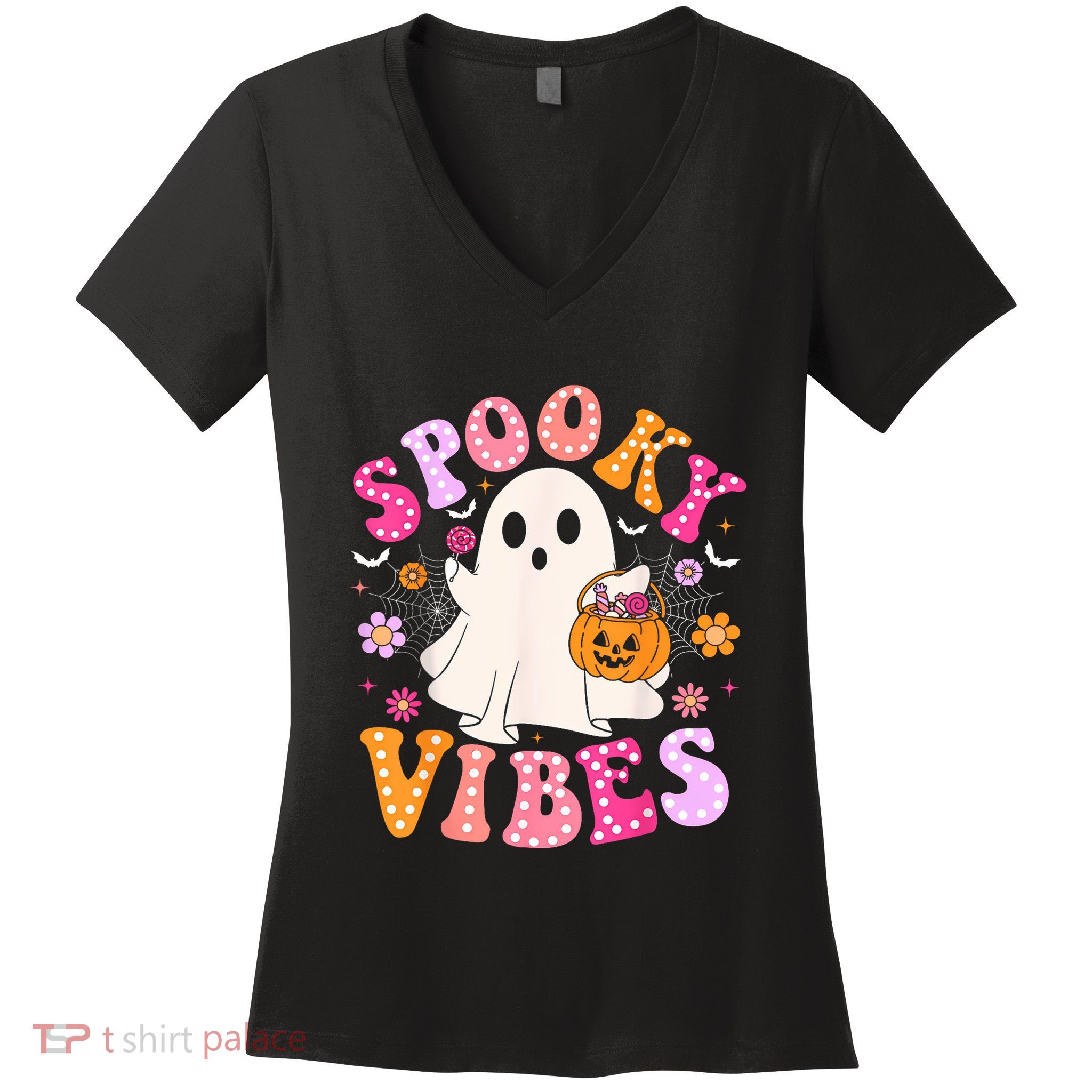 Spooky Vibes Ghost Retro Groovy Halloween Women Women's V-Neck T-Shirt