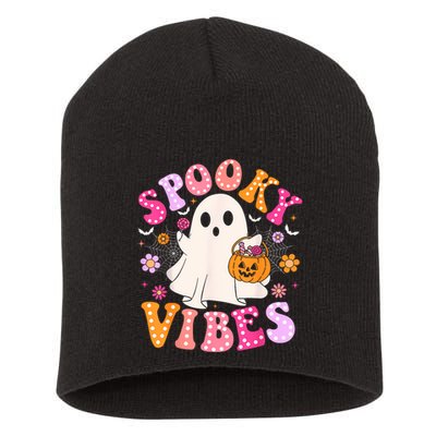 Spooky Vibes Ghost Retro Groovy Halloween Women Short Acrylic Beanie
