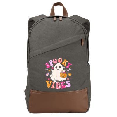 Spooky Vibes Ghost Retro Groovy Halloween Women Cotton Canvas Backpack