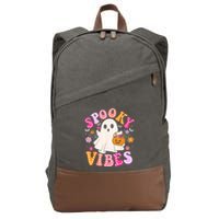 Spooky Vibes Ghost Retro Groovy Halloween Women Cotton Canvas Backpack