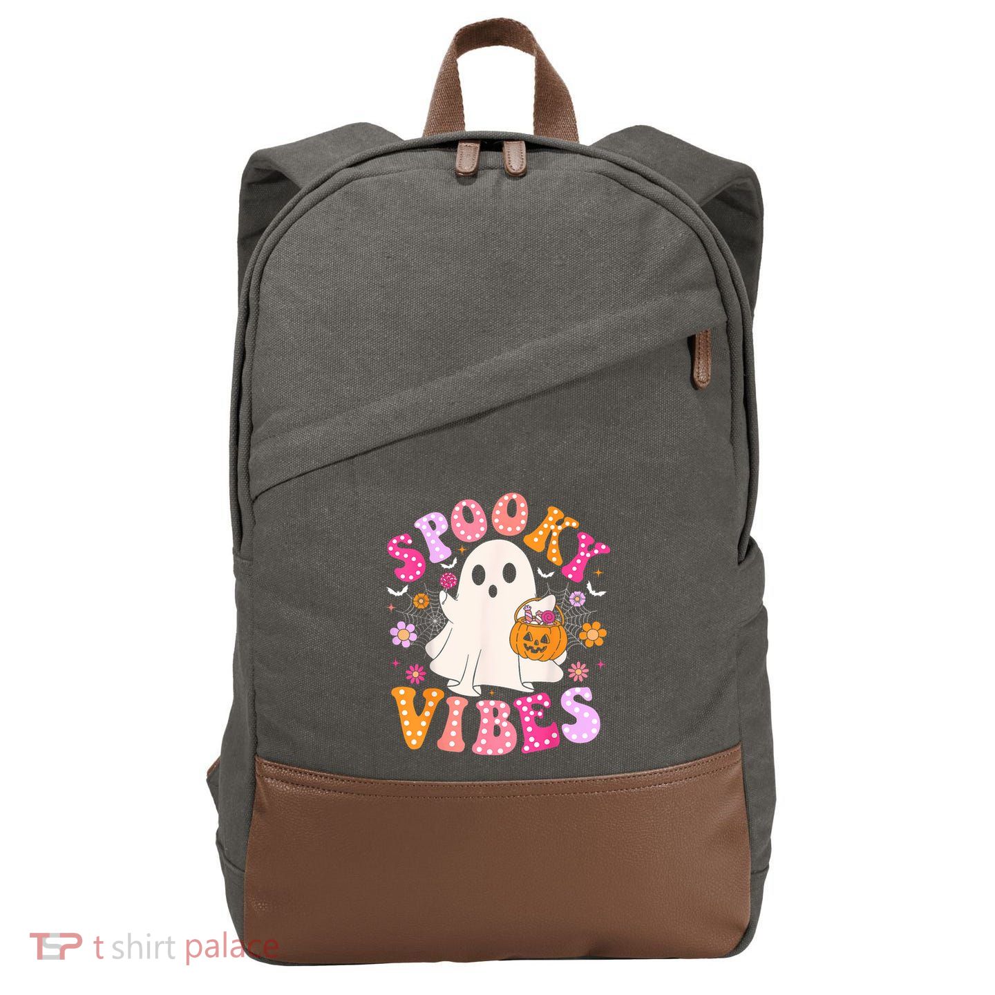 Spooky Vibes Ghost Retro Groovy Halloween Women Cotton Canvas Backpack