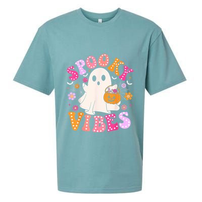 Spooky Vibes Ghost Retro Groovy Halloween Women Sueded Cloud Jersey T-Shirt
