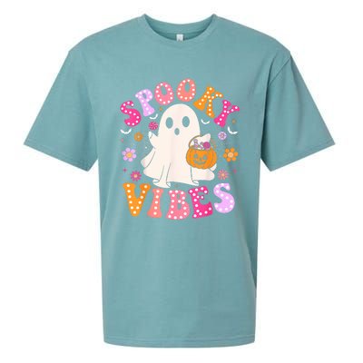 Spooky Vibes Ghost Retro Groovy Halloween Women Sueded Cloud Jersey T-Shirt